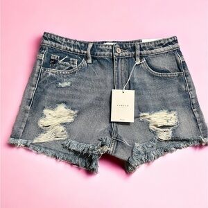 Kancan Vici Women’s High Rise, Frayed Denim Jean Shorts Size Medium